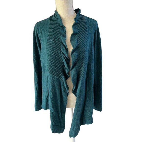 Calvin Klein Teal Ruffled Front Knit Cardigan Sweater Womens L - Picture 1 of 5